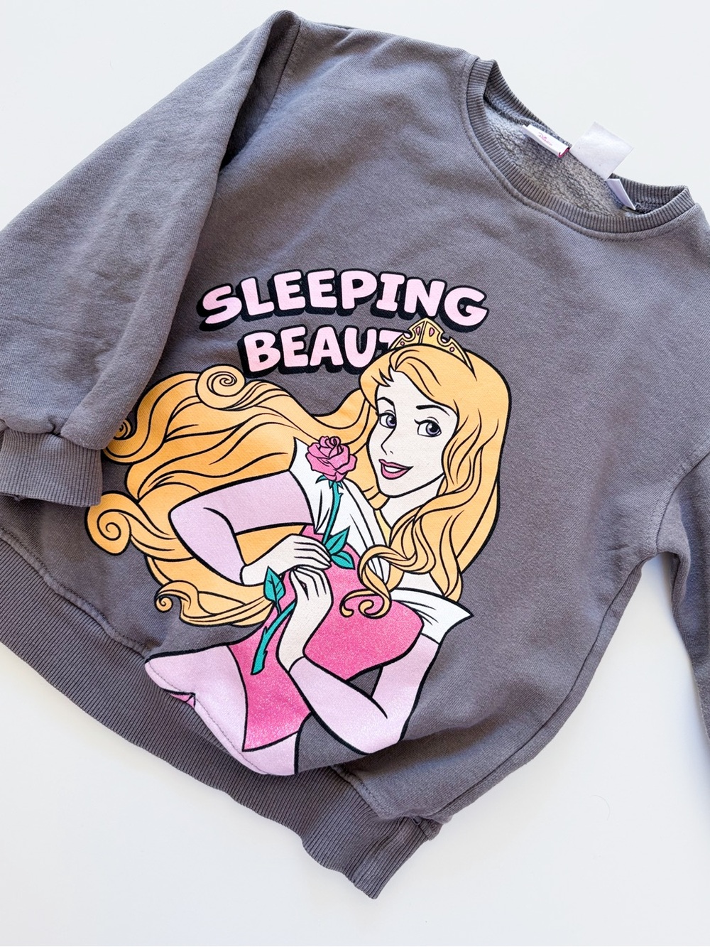 Zara Gray Sweatshirt with Sleeping Beauty Graphic - Pink & Yellow Accents